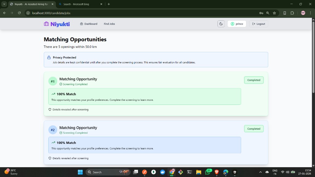 Niyukti AI screening and matching — matching opportunities and privacy-protected workflow