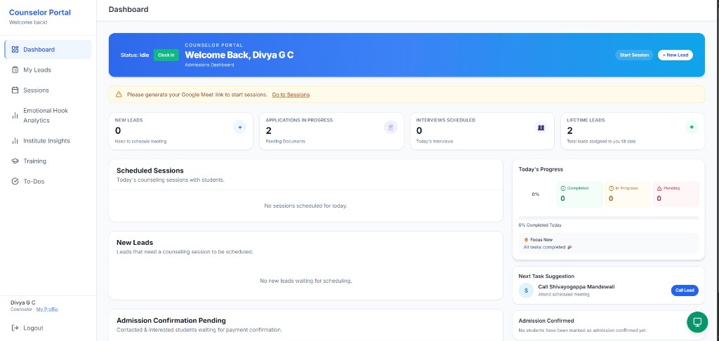 Pravidya counselor dashboard — counselling and engagement workspace